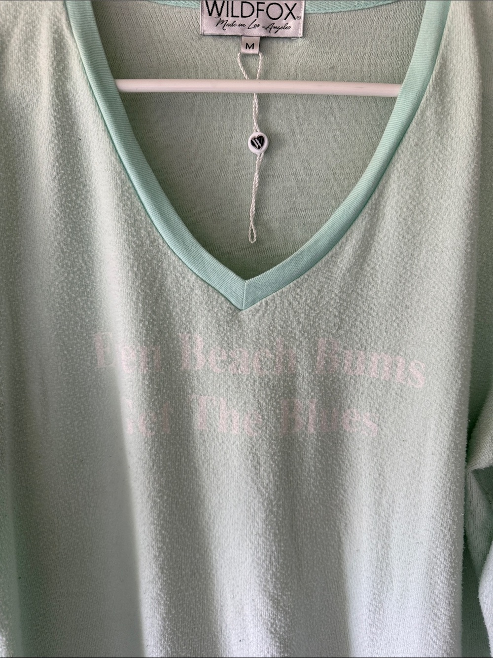 Wildfox Mint Green V-Neck Lightweight Knit Top with Pale Pink Script